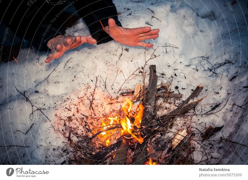 Frozen male hands are warming over bonfire at winter night. firewood white snow background blaze bright burn campfire christmas close-up dusk evening fireplace