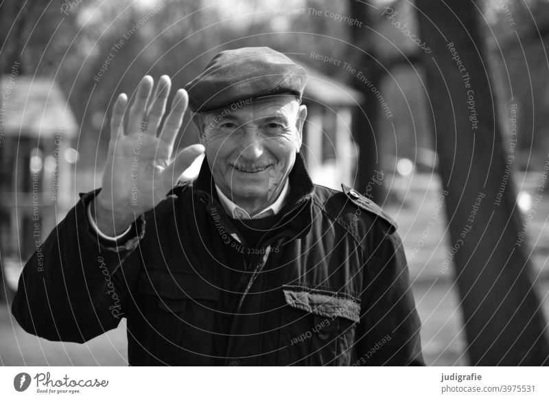 Senior waving friendly into the camera Senior citizen Man Wave Friendliness nice Male senior Human being Masculine Grandfather Life Looking Adults