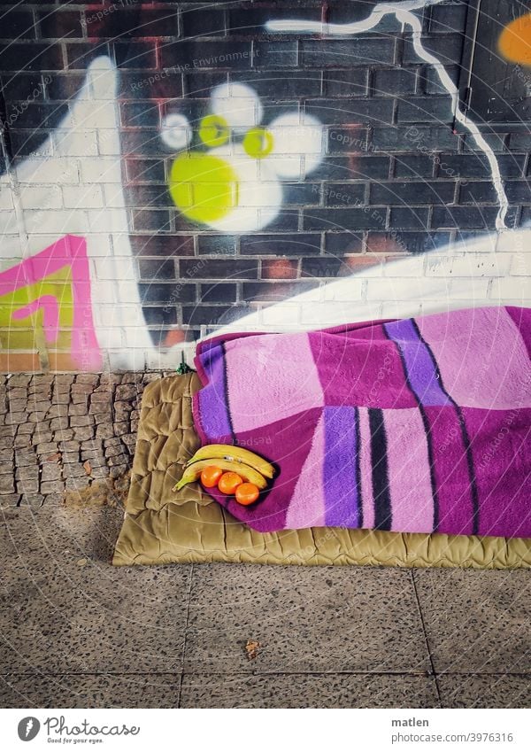 Homeless Help Under the bridge Blanket Graffiti Banana Tangerine neat variegated Berlin Colour photo Cold