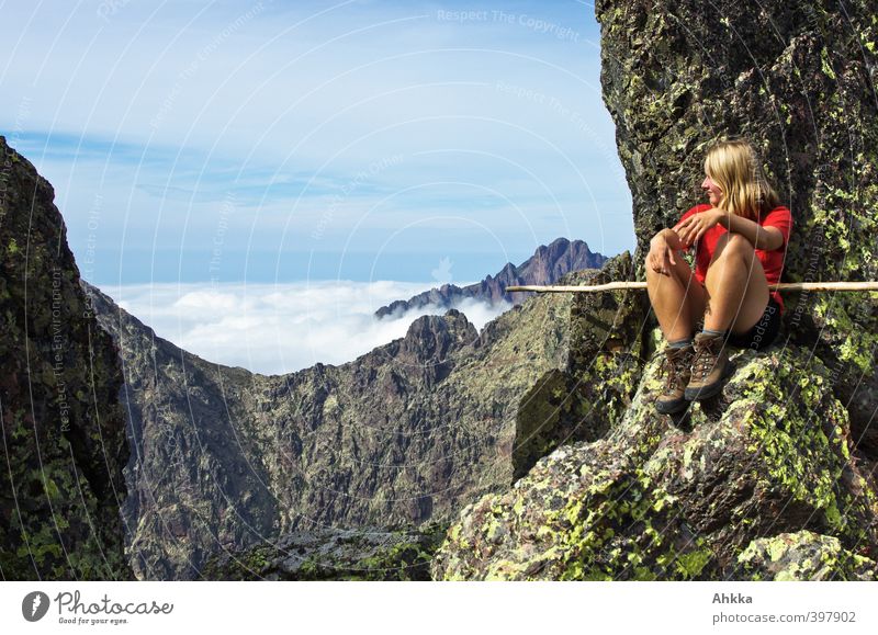 Courageous young woman on a summit in Corsica Harmonious Contentment Relaxation Calm Adventure Far-off places Freedom Hiking Young woman Youth (Young adults)