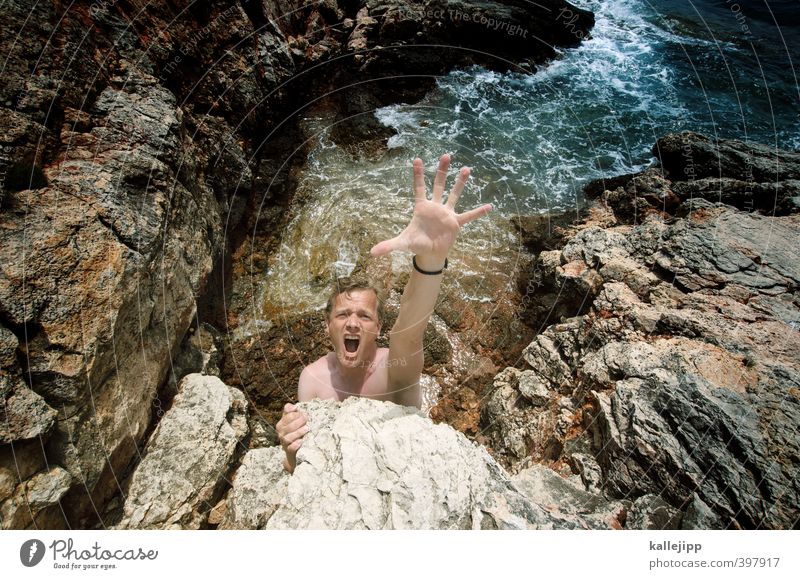 the beach Human being Masculine Man Adults Life Body Skin Head Arm Hand Fingers 1 30 - 45 years Environment Nature Rock Waves Coast Bay Reef Ocean Scream Help