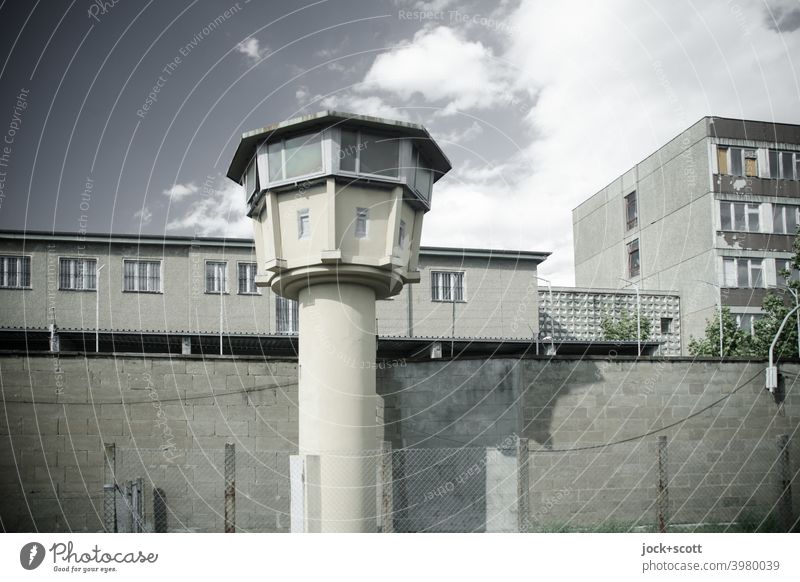 Memorial, former prison of the Ministry for State Security memorial site jail Watch tower prison wall Historic Sky Clouds GDR Architecture Past