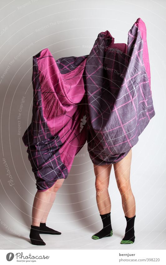 bedding monster Human being Masculine Feminine Legs 2 30 - 45 years Adults Stand Embrace Creepy Violet Pink Black Secrecy Loneliness Horror Discover Identity