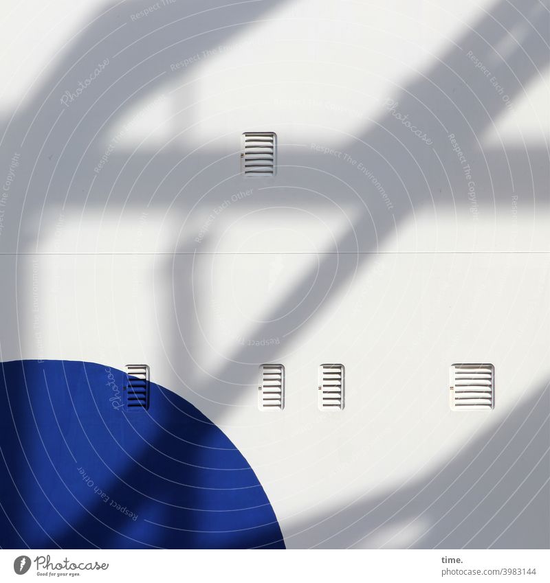 Blue print Ferry Ventilation Bright Ship's side ship Wall (building) Facade Round Sharp-edged rounded lines Stripe luxury steamer Maritime Shadow