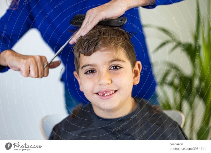 Funny boy getting haircut at home with scissors adorable barber barbershop beauty caucasian child childhood close comb cute equipment face fashion hairdresser
