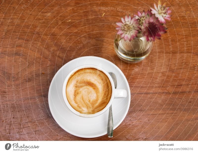 Coffee picture with flowers before drink and taste Cup Coffee cup Coffee break Hot drink Café To have a coffee Tabletop Flower vase cut flower Wood grain