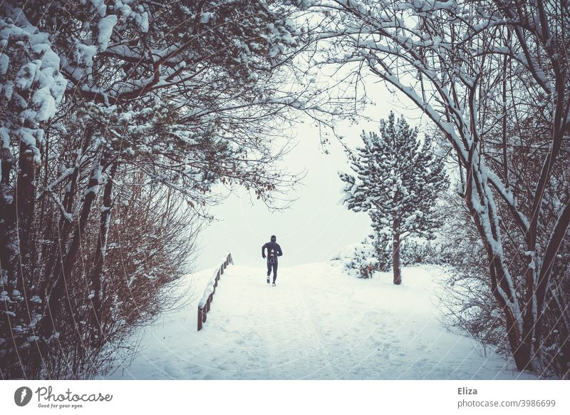Person jogging in snowy landscape Jogging Snow Winter person Sports Fitness Park Jogger workout Runner winter landscape Movement Dark cloudy Nature
