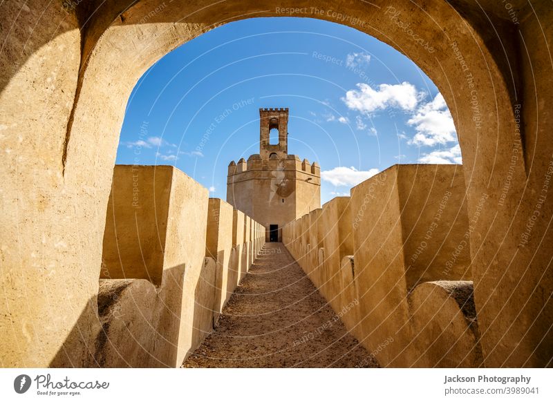 Famous tower in moorish fortified castle called Torre espantaperros, Badajoz, Spain badajoz alcazaba spain torre espantaperros arabic arabic fortification
