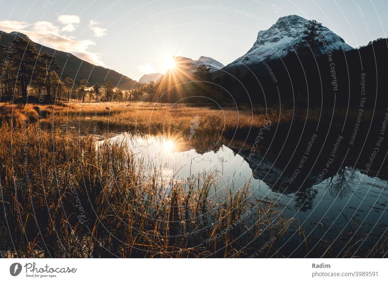 Sunrise in Innerdalen valley Morning Fog Landscape Forest Autumn Light Clouds Field meadows Norway Environment Exterior shot Nature Colour photo lake water