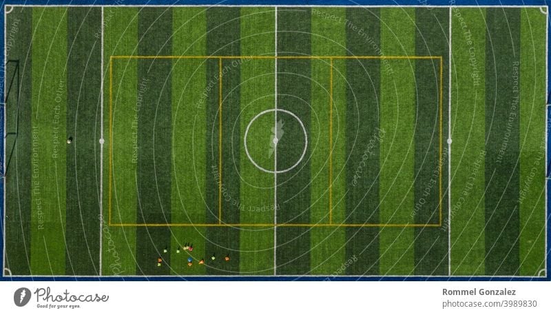 Soccer field or football ground. Aerial view, directly above. Drone view. soccer soccer ball aerial view sport absence accuracy agricultural field baseline