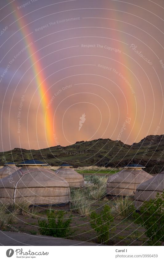 double rainbows over Mongolia Rainbow yurt holidays Nature Landscape Summer natural spectacle pink Yurt village" Deserted Sky Copy Space top