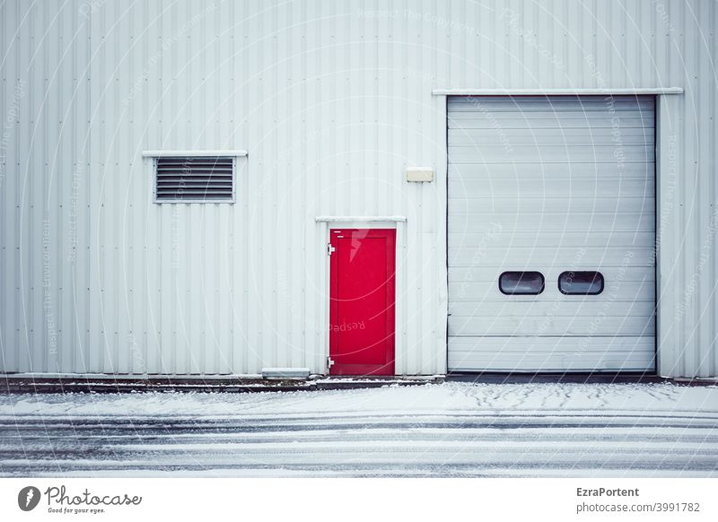 this red door Facade Goal Winter Snow Street Red White Ventilation Vent slot Garage Highway ramp (entrance) Corrugated sheet iron Entrance conspicuous