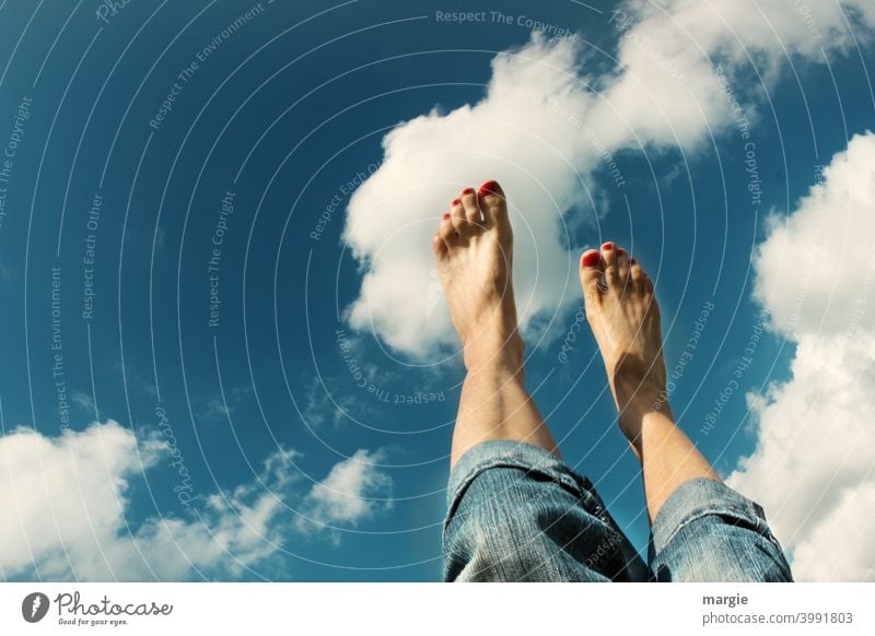 Like walking on clouds!  Feet point to the sky Feet up Legs Barefoot Woman Toes feet Summer Exterior shot Nail polish Human being Feminine Women`s feet Skin
