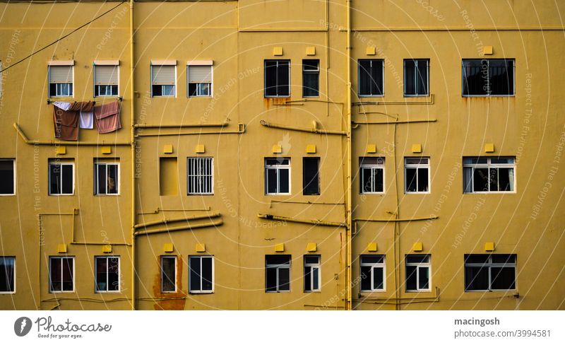 Detail of the facade of an apartment block Ochre ochre Curry powder curry Deep yellow Yellow Facade facade detail block of flats Ghetto house wall Architecture