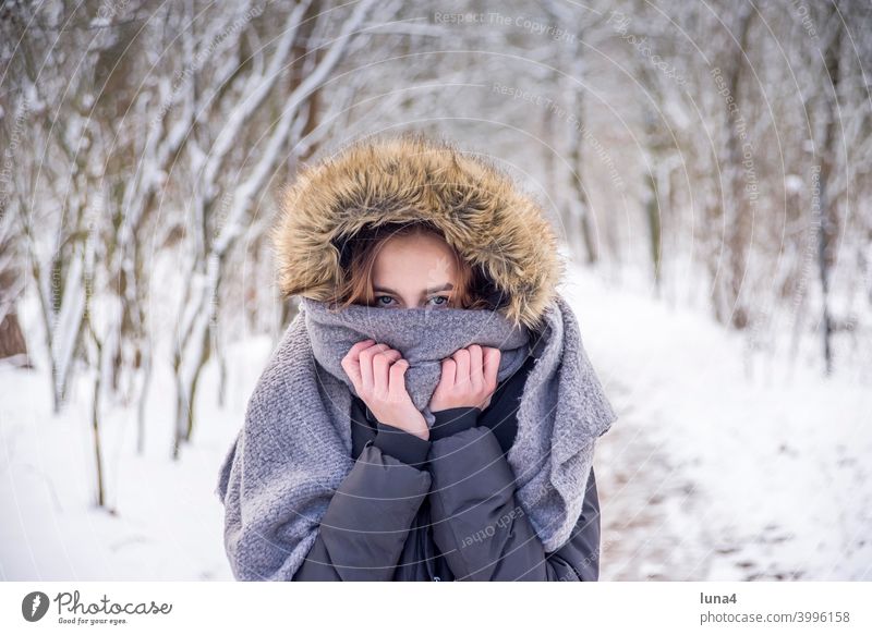 Girl freezes in winter forest Winter Snow Forest Freeze Scarf Winter forest Cap Hooded (clothing) Frost Cold Earnest Tree chill Youth (Young adults)
