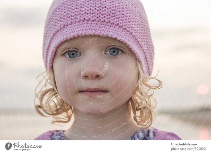 pink Child Girl Face 1 Human being 3 - 8 years Infancy Sky Summer Cap Woolen hat Blonde Curl Esthetic Near Natural Cute Beautiful Pink Emotions Moody Truth