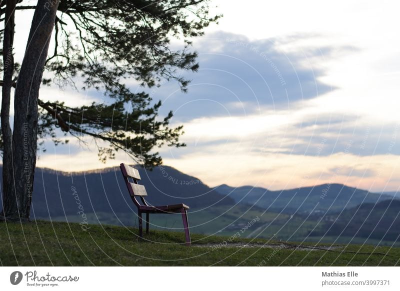 Bench with view and mountains in the background Sit Nature Sunlight Sky time-out Break Freedom Looking Alb Swabian Jura Jawbone Meadow Evening Dusk Wooden bench