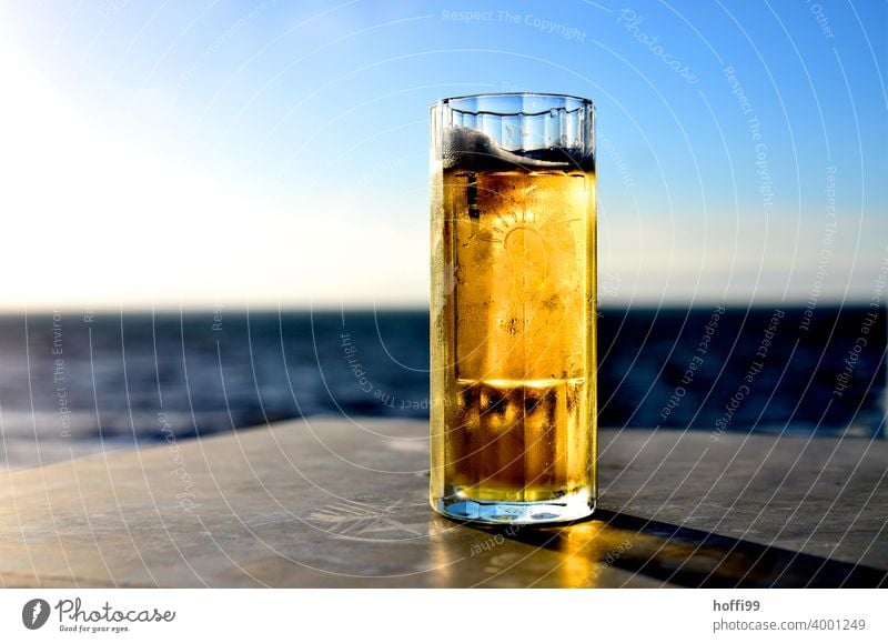 Beer in a glass at sunset by the sea Froth Beer mug Glass Thirst Beer glass Light Ocean Sunset Closing time after-work beer Drinking Beverage Alcoholic drinks