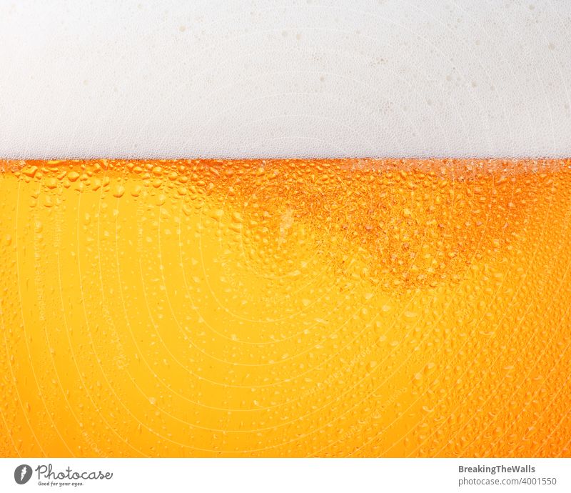 Close up background of beer with bubbles in glass Beer froth closeup pouring frosty fresh lager drops ale side view low angle texture mug large big white orange
