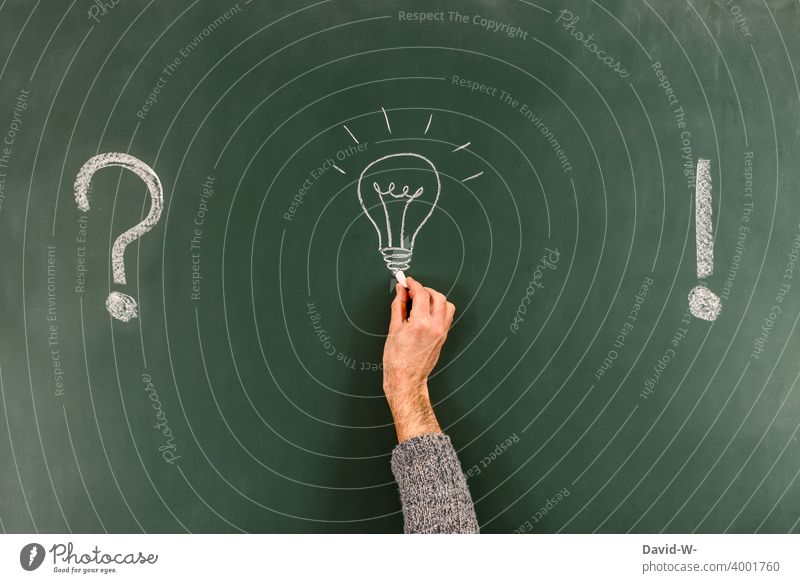 Question - Idea - Answer question solution Blackboard Chalk solution proposal Electric bulb Prospect of success Success concept creatively Think