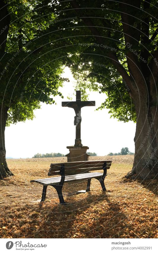 Devotional place under trees with crucifix and bench in the back light devotion religion Christianity Protestant Catholic ecclesiastical Place of worship Prayer
