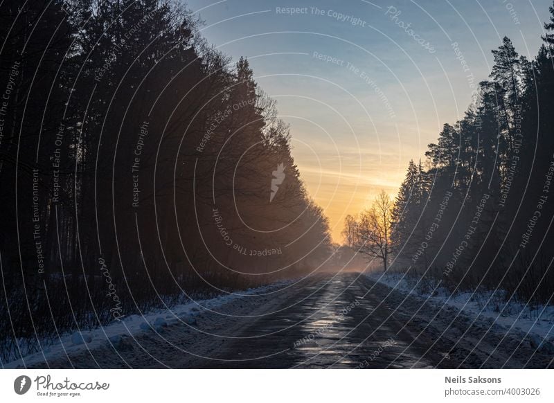 damaged asphalt country road through forest in beautiful misty sunrise winter snow landscape cold tree nature sky white frost trees sunset ice blue season