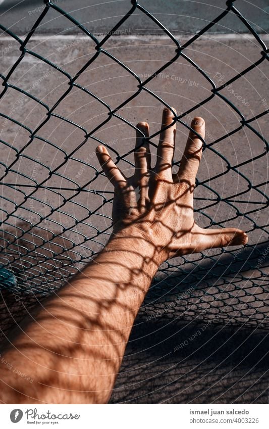 metallic fence shadows on the man hand arm body part skin shapes fingers palm wrist steel street outdoors grabbing gesturing concept reaching feeling life style