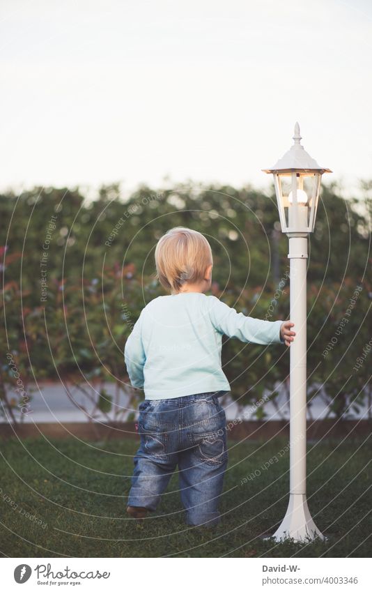 Toddler standing curiously in the garden holding onto a lamp Child Garden Spring Lantern inquisitorial Lamp inquisitive explore Infancy Cute