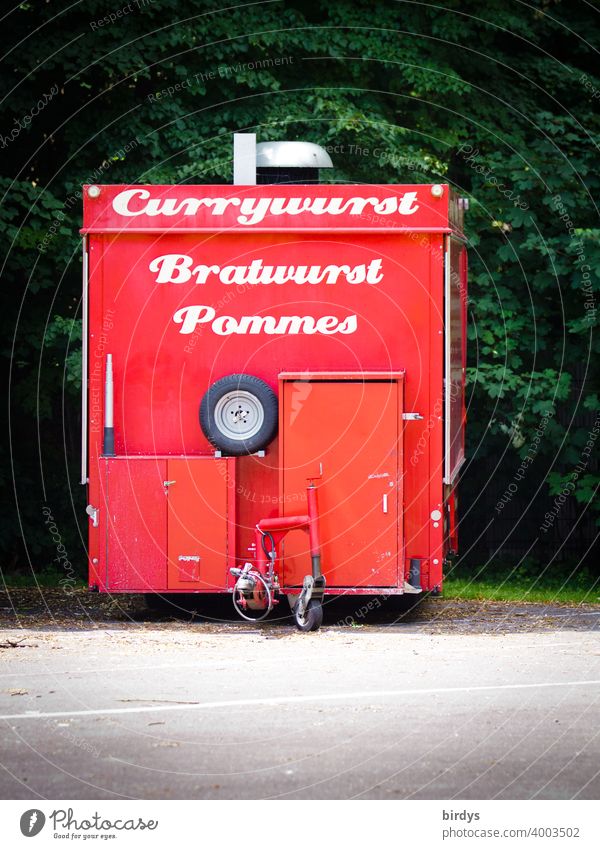 mobile red chip stand, currywurst, bratwurst, fries. Snack trailer chip shop snack carts Hotdog Bratwurst sales booth Eating Closed Fast food Sales trailer
