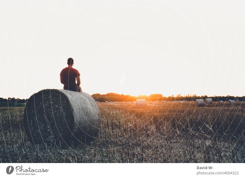 Man sitting on a bale of straw enjoying the peace and the sunset tranquillity To enjoy Sunset Nature Idyll Dusk Sit Country life Bale of straw peasant