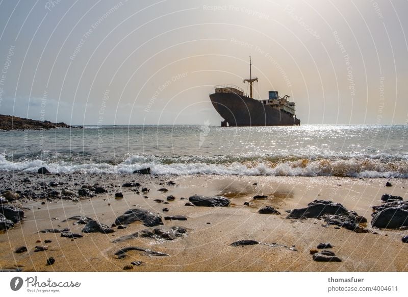 Wreck in front of empty beach with sky and sea Sunlight Contrast Shadow Light Day Exterior shot Colour photo world trade Rust Logistics Growth Navigation Ocean
