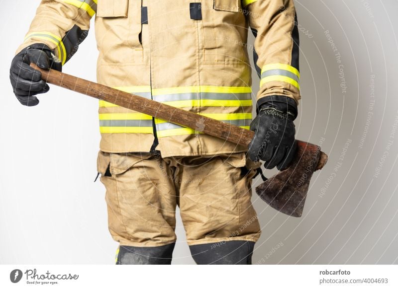 firefighter man on white background gear adult fireman service person portrait safety uniform protection yellow isolated caucasian occupation standing wearing
