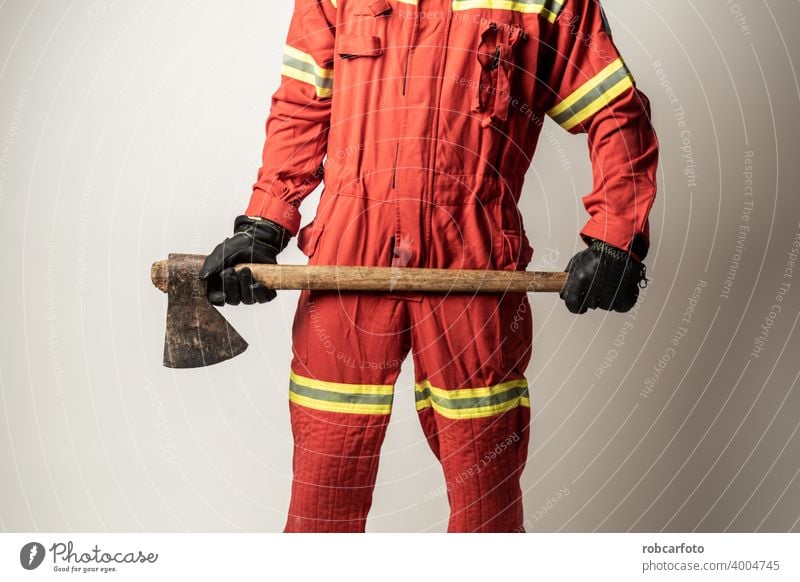firefighter man on white background gear adult fireman service person portrait safety uniform protection yellow isolated caucasian occupation standing wearing