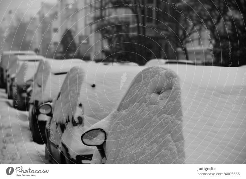 Winter on the road Snow Street Cold Precipitation Transport urban Weather Climate car Parking parked cars Alpina snowcap Town Residential area exterior mirrors