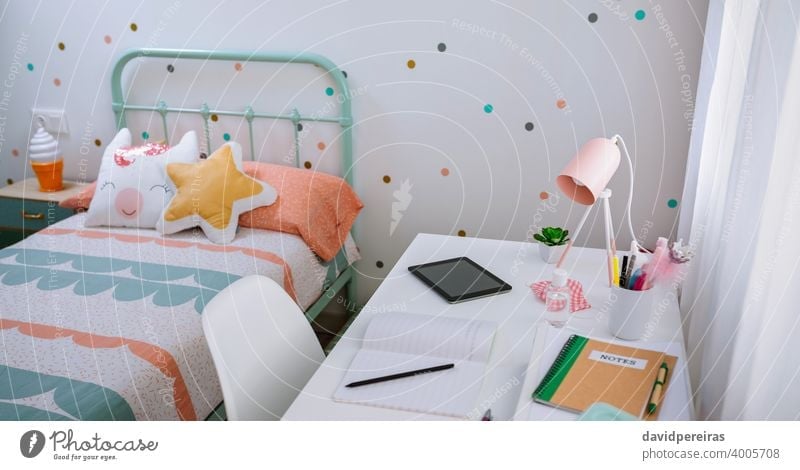 Girl's bedroom decorated in pastel colors girls bedroom desk decoration nobody mint green pink polka dots interior furniture design modern home contemporary