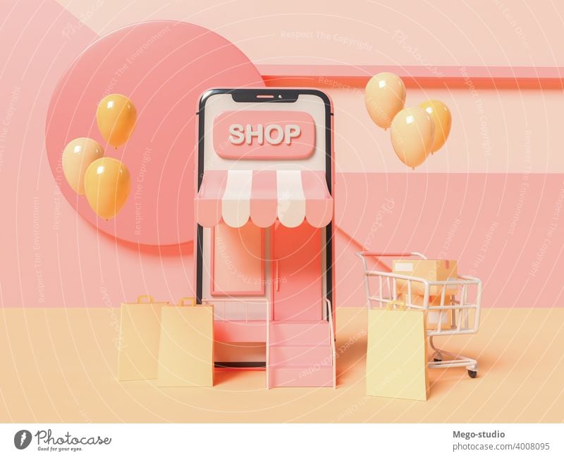 3D Illustration. Online shopping concept. 3d e-commerce smartphone online app marketing store grocery service media basket graphic buy buying paper bag