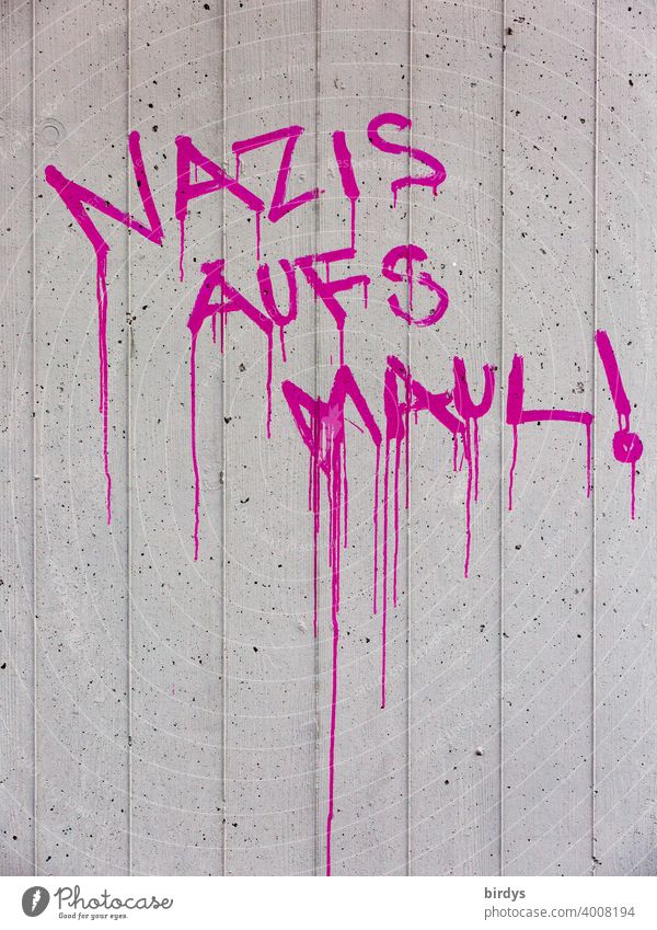 aggressive antifascist announcement against Nazis. Nazis on `s mouth ! Threat . pink writing on concrete wall anti-fascist aggressively Threat of violence