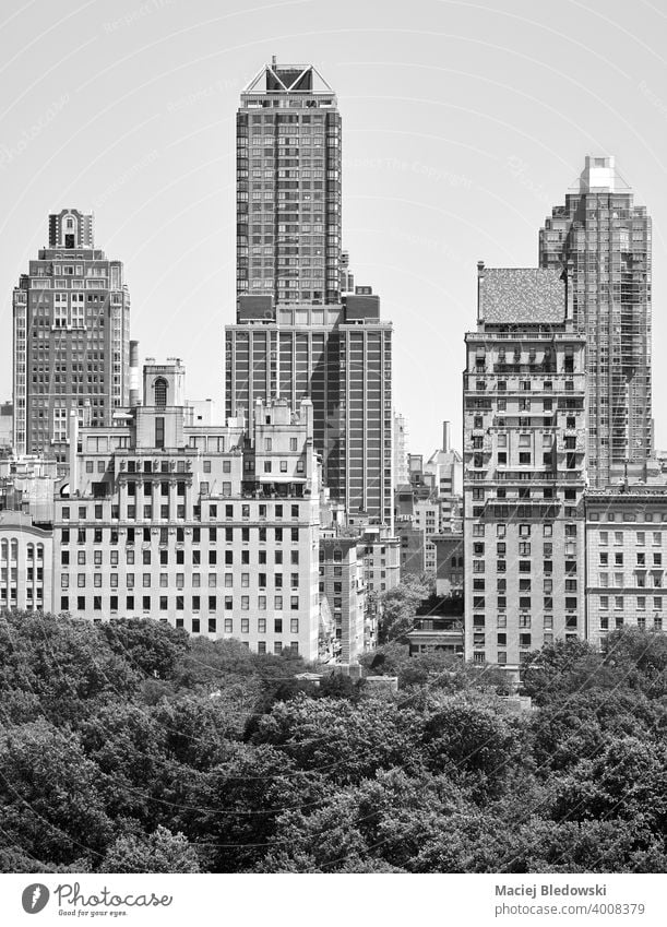 Black and white picture of Manhattan Upper East Side diverse architecture, New York, USA. city NYC building skyscraper Central Park tower black and white
