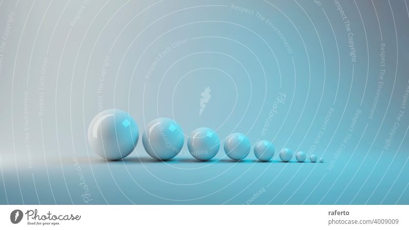 3d rendering. simple white small to big sphere ball object on gray background. growing up or evolution concept. grey group three three-dimensional level play
