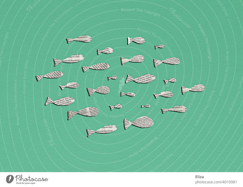Shoal of fish from newspaper scraps swims in one direction. News and media. Media Newspaper clippings critical Criticism Print media Journalism Information