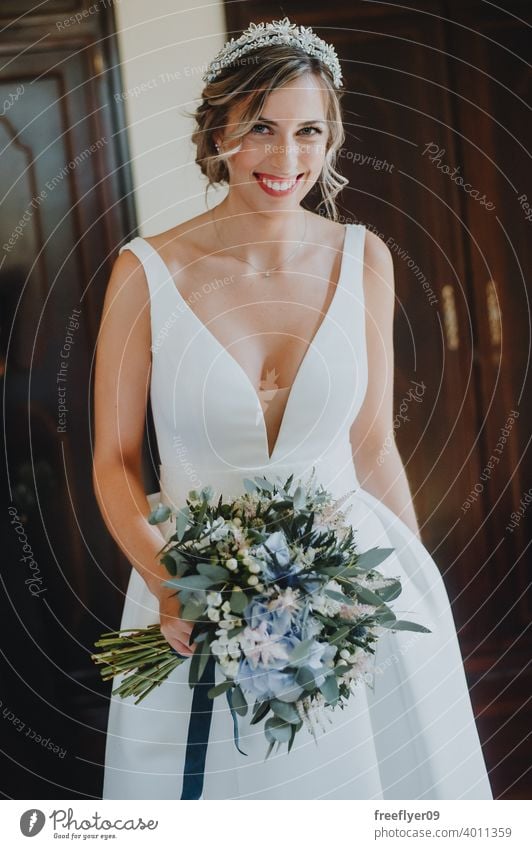 Portrait of a bride with her bouquet wedding marriage engagement people young attractive copy space dress love woman fine elegance caucasian person beauty