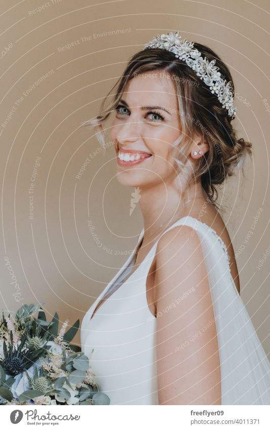 Portrait of a bride with her bouquet wedding marriage engagement people young attractive copy space dress love woman fine elegance caucasian person beauty