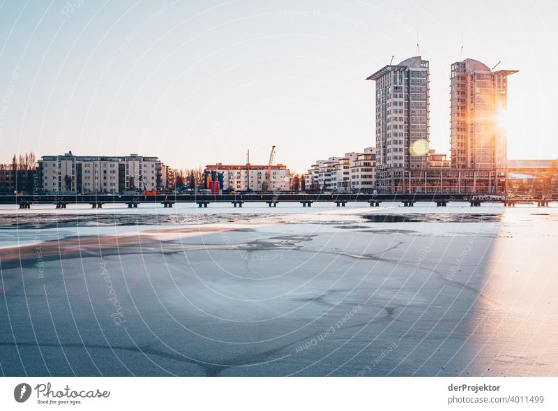 Winter view of the Spree with Twintowers Treptow Back-light floe Esthetic Rich in contrast Shadow play Sunbeam Winter mood Illustration Ice chill