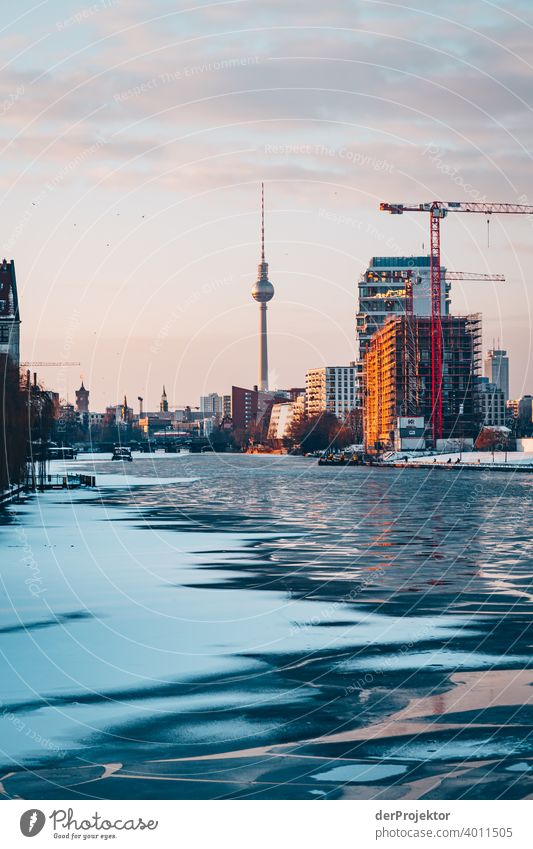 Winter view of the Spree with television tower Treptow Back-light floe Esthetic Rich in contrast Shadow play Sunbeam Winter mood Illustration Ice chill