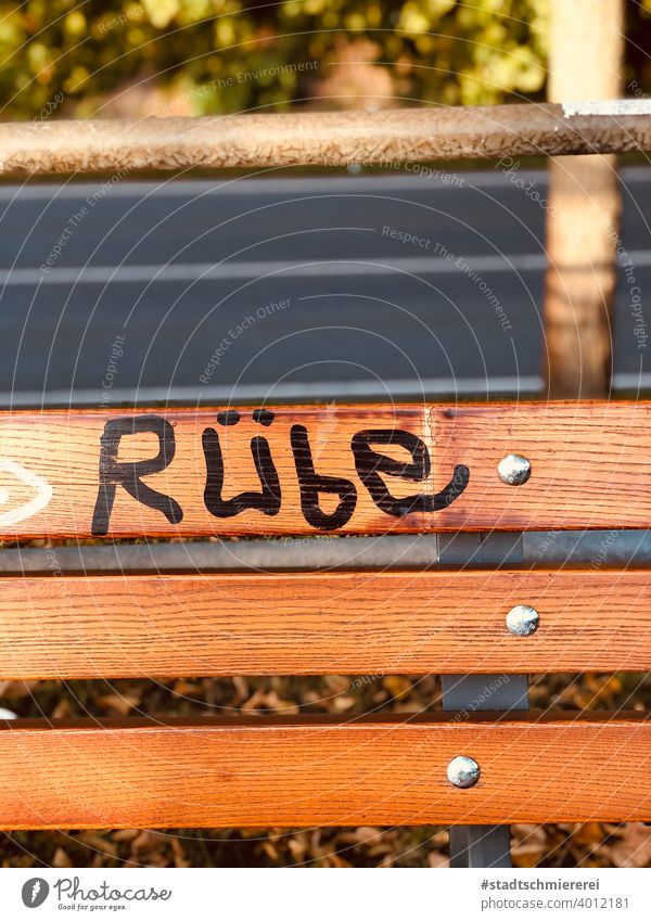 Word turnip on park bench Turnip Park bench Bench Text Colour photo Exterior shot Deserted Daub Characters Graffiti Street art Youth culture Day