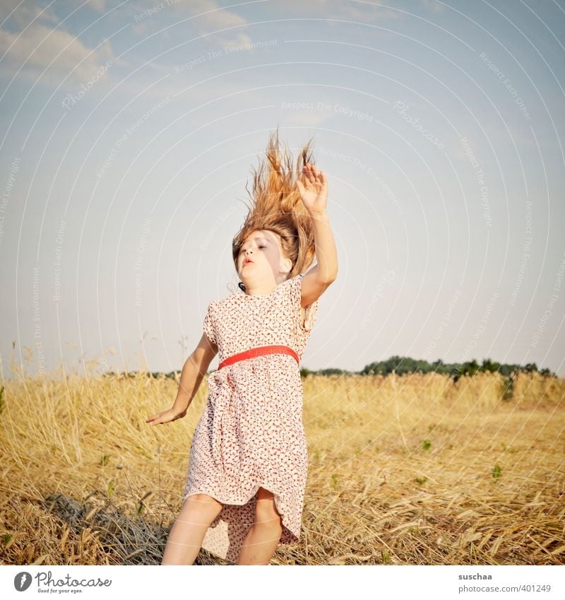 be doomed to summer Child Girl Exterior shot Summer Dress Hair and hairstyles To fall Jump Euphoria Joy Infancy Sudden fall Retro Whimsical Movement