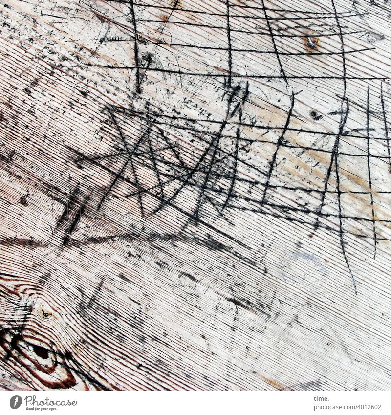 Lifelines #139 Table Wood Wooden table Wood grain Surface Notches Stripe Imprint Impression Expression Broken allure Old texture Weathered Drawing graitti Daub