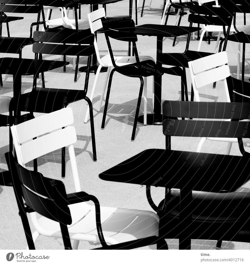 Seated area (11) Chair chairs out sunny Shadow Table Gastronomy B/W black-and-white Stand Muddled Whimsical quaint at the same time Café Empty Lonely