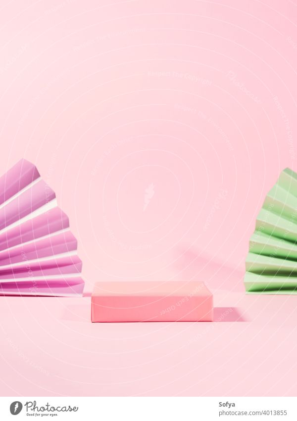 Geometric pink stand podium for product display with shadows background pedestal empty geometric mockup symmetry beauty showcase abstract template summer scene