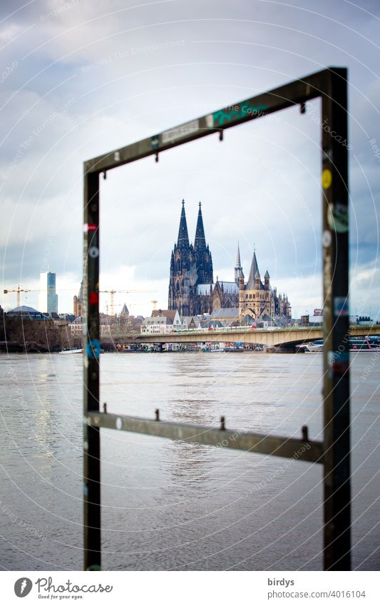 Framed Cologne Cathedral with Rhine in the foreground Tourist Attraction Landmark Central perspective metal frame Dome View Exceptional Evening Vista Bridge